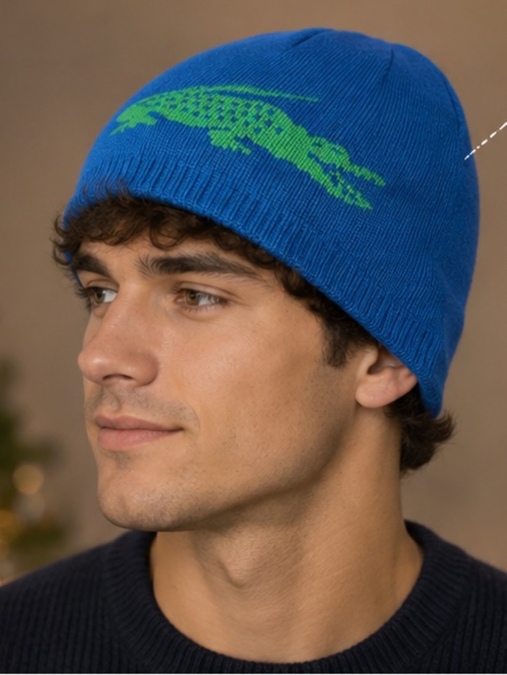 Lacoste Reversible Blue Beanie with Green Crocodile Graphic